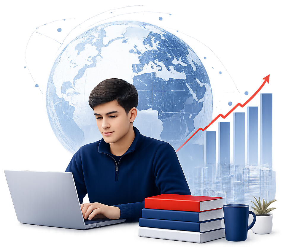 Axiom School student with ACCA materials, globe and career growth chart